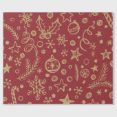 赤金ゴールドイラストレーションパターンクリスマス ラッピングペーパー (フラット)