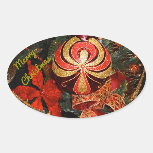 赤金ゴールドエレガントクリスマスオーナメントポインセチア 楕円形シール (正面)
