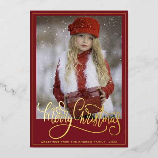 赤金ゴールドエレガントスクリプトメリークリスマス 箔シーズンカード (正面)