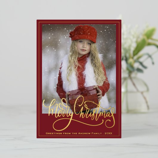 赤金ゴールドエレガントスクリプトメリークリスマス 箔シーズンカード (立ち正面)