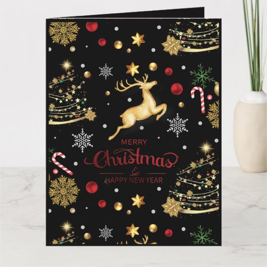 赤金ゴールドエレガントトナカイのメリークリスマスツリー カード (正面)