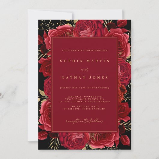 赤金ゴールドエレガントバラ結婚フローラ 招待状 (正面)