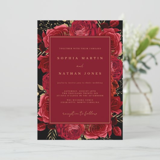 赤金ゴールドエレガントバラ結婚フローラ 招待状 (スタンド正面)