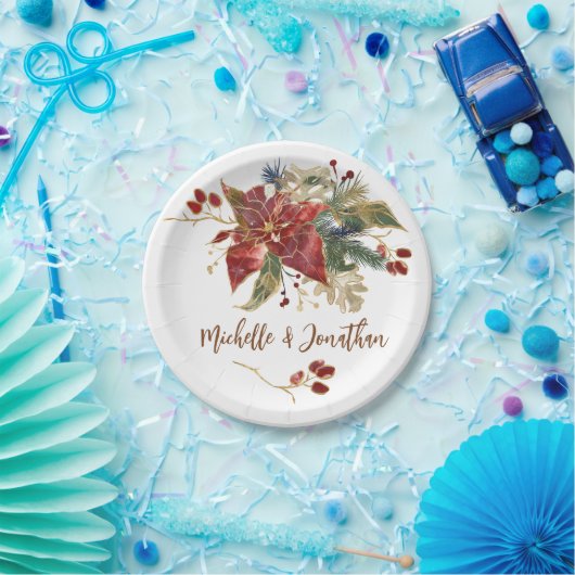 赤金ゴールドエレガントポインセチアフローラクリスマス ペーパープレート (パーティー)