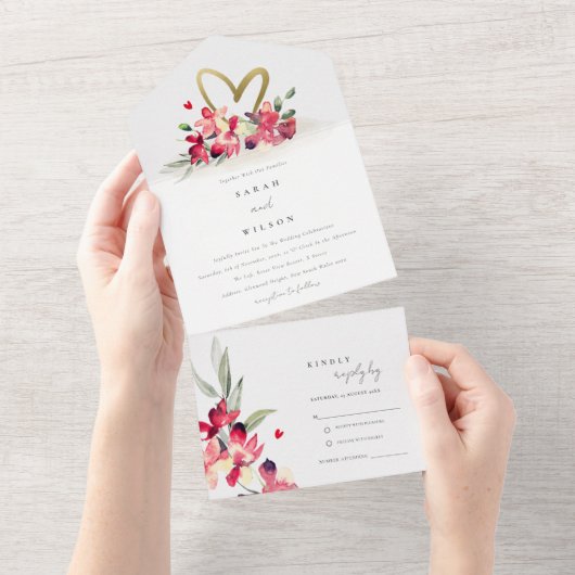 赤金ゴールドオーキッドハートフローラ水結婚色 オールインワン招待状 (貼ってはがせる)