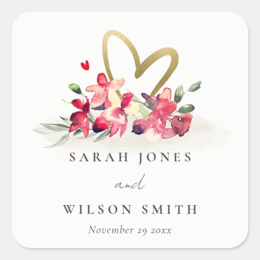 赤金ゴールドオーキッドハートフローラ水結婚色 スクエアシール (正面)