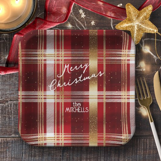 赤金ゴールドクリスマスタータンチェックパターン#7 ID1009 ペーパープレート