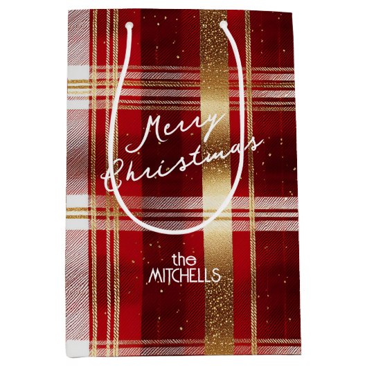 赤金ゴールドクリスマスタータンチェックパターン#7 ID1009 ミディアムペーパーバッグ (正面)