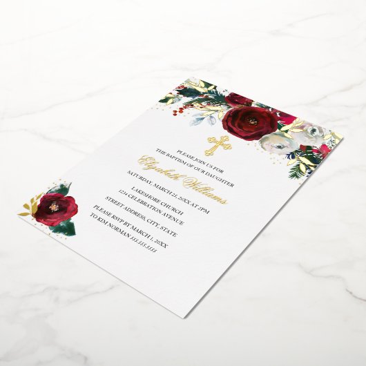 赤金ゴールドクリスマスバプテスマフローラガールバプテスマ 箔招待状 (回転した状態)