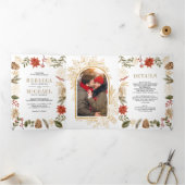 赤金ゴールドクリスマスフローラ写真結婚すべて 三つ折り招待状 (内部)