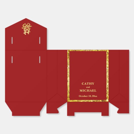 赤金ゴールドグリッターダブル中国のハピ結婚ネス フェイバーボックス (見開き)