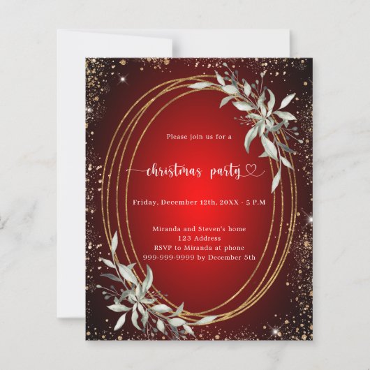 赤金ゴールドグリーンクリスマスパーティの招待状 (正面)