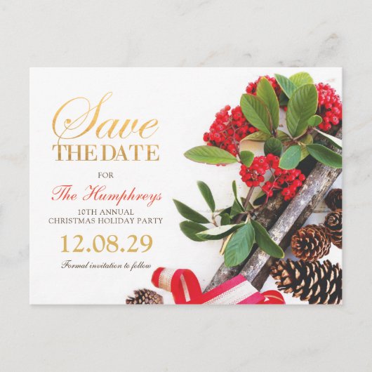 赤金ゴールドグリーンクリスマスパーティー保存日 案内ポストカード (正面)