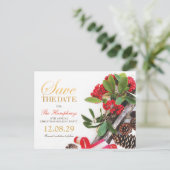 赤金ゴールドグリーンクリスマスパーティー保存日 案内ポストカード (スタンド正面)