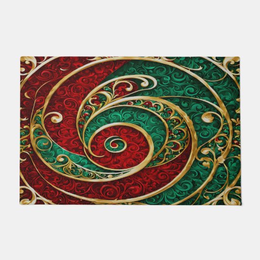 赤金ゴールドグリーンクリスマスホリデーフォーマット ドアマット (正面)