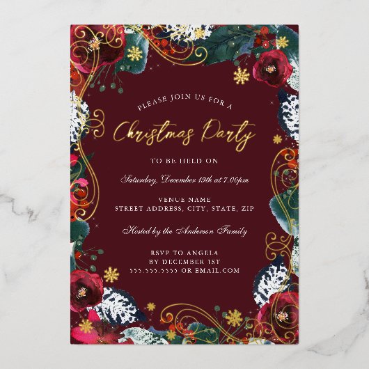 赤金ゴールドグリーンホワイトフローラ旋回クリスマスパーティー 箔招待状 (正面)