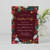 赤金ゴールドグリーンホワイトフローラ旋回クリスマスパーティー 箔招待状 (立ち正面)