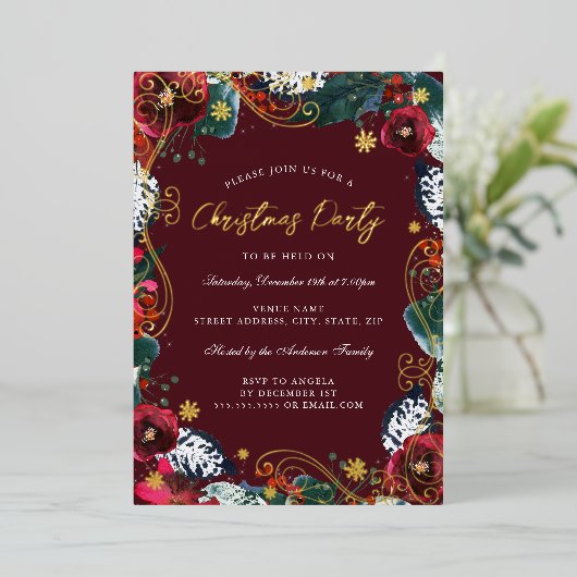 赤金ゴールドグリーンホワイトフローラ旋回クリスマスパーティー 箔招待状 (立ち正面)