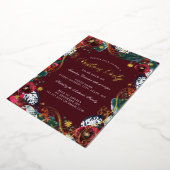 赤金ゴールドグリーンホワイトフローラ旋回クリスマスパーティー 箔招待状 (回転した状態)
