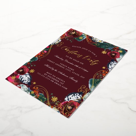赤金ゴールドグリーンホワイトフローラ旋回クリスマスパーティー 箔招待状 (回転した状態)