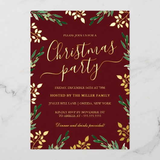 赤金ゴールドグリーンリーフクリスマスパーティー 箔招待状 (正面)