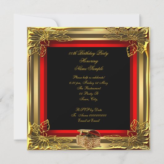 赤金ゴールドジュエルボックスエレガントウーマンバースデーパーティー 招待状 (裏面)