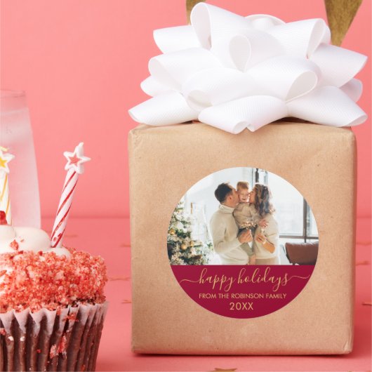 赤金ゴールドスクリプトファミリーフォトハッピー休日 ラウンドシール (パーティー)