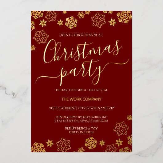 赤金ゴールドスノーフレーク企業のクリスマスパーティー 箔招待状 (正面)