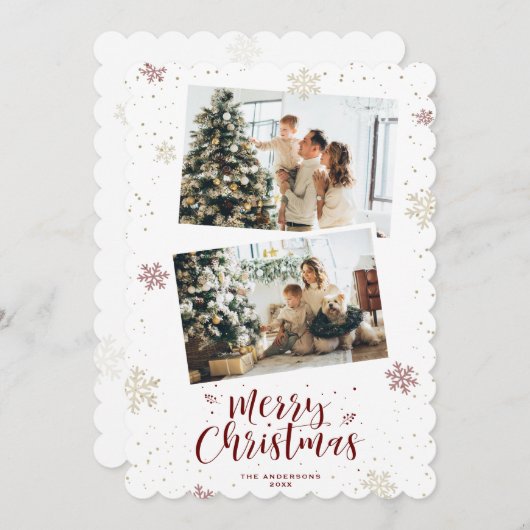 赤金ゴールドスノーフレーク写真メリークリスマス シーズンカード (正面/裏面)