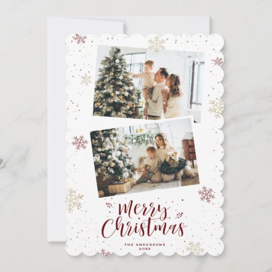 赤金ゴールドスノーフレーク写真メリークリスマス シーズンカード (正面)