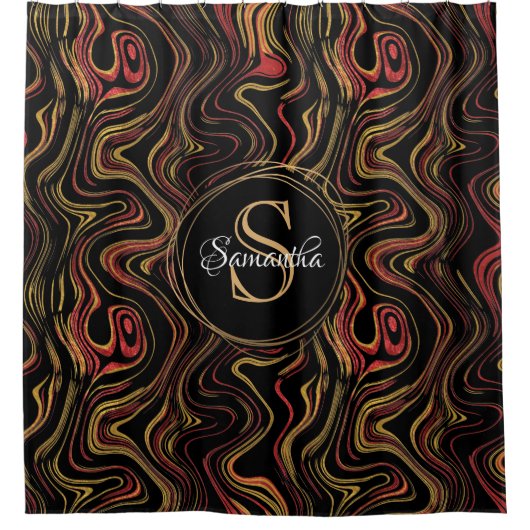 赤金ゴールドスパークルフォイルマーブルモノグラム名 シャワーカーテン (正面)