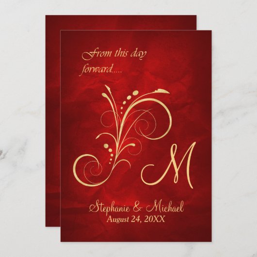 赤金ゴールドスワールモノグラム結婚ズ 招待状 (正面/裏面)