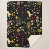 赤金ゴールドトナカイのメリークリスマスツリー シェルパブランケット (正面)