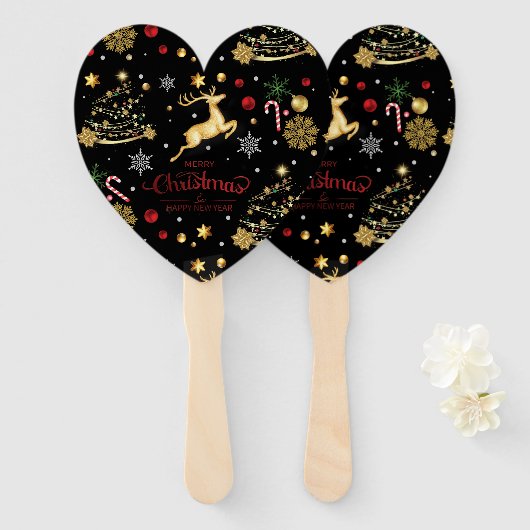 赤金ゴールドトナカイのメリークリスマスツリー ハンドファン (正面&裏面)