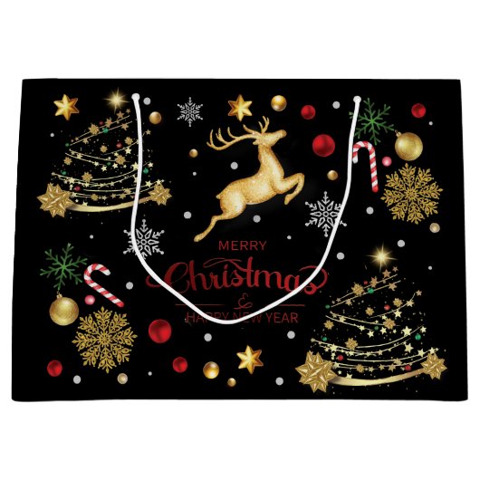 赤金ゴールドトナカイのメリークリスマスツリー ラージペーパーバッグ (正面)