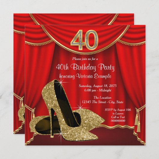 赤金ゴールドハイヒール40th誕生日パーティー 招待状 (正面/裏面)