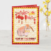 赤金ゴールドハッピー月の新年のウサギの写真 カード (黄色い花)