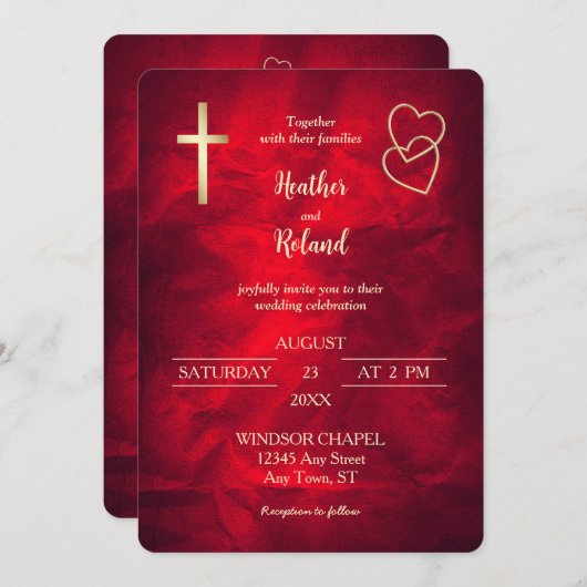 赤金ゴールドハートクリスチャン結婚クロス 招待状 (正面/裏面)