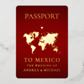 赤金ゴールドパスポート旅行先ウェディング実在 箔招待状 (正面)