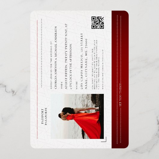 赤金ゴールドパスポート旅行先ウェディング実在 箔招待状 (裏面)