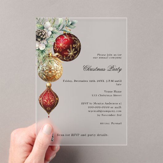 赤金ゴールドビジネスQRコードはクリスマスパーティーに霜を降ろした アクリル招待状 (インサイチュ (ポータブル))