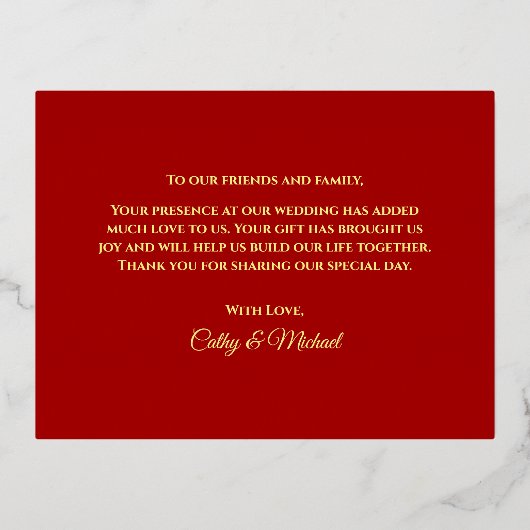 赤金ゴールドフローラ中国の結婚は感謝してい君 箔招待状ポストカード (裏面)