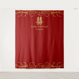 赤金ゴールドフローラ中国の結婚枠の茶道 タペストリー