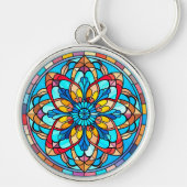 赤金ゴールドブルーマンダラステンドグラス キーホルダー (正面)