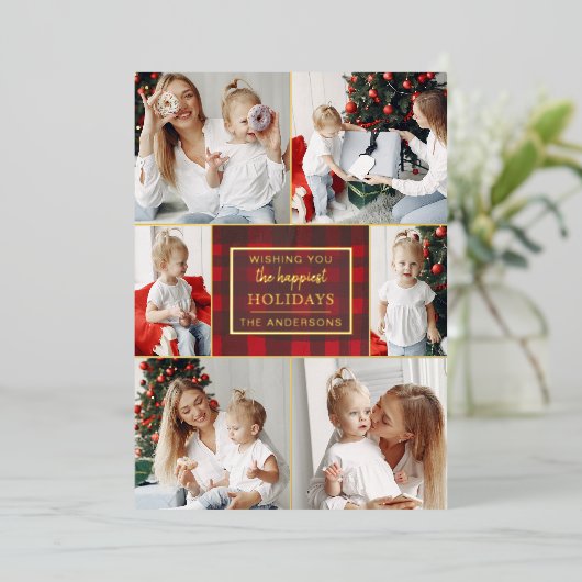 赤金ゴールドプレイド6枚の写真コラージュクリスマス 箔シーズンカード (立ち正面)