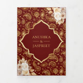 赤金ゴールドペイズリーフローラQRコードインディアン結婚 三つ折り招待状 (カバー)