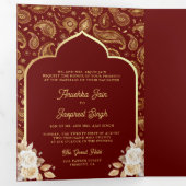 赤金ゴールドペイズリーフローラQRコードインディアン結婚 三つ折り招待状 (内部最初)