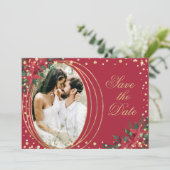 赤金ゴールドポインセチア写真結婚クリスマス セーブザデート (スタンド正面)