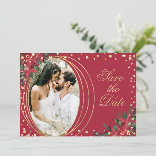赤金ゴールドポインセチア写真結婚クリスマス セーブザデート (スタンド正面)