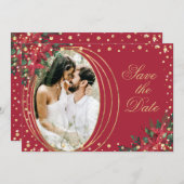 赤金ゴールドポインセチア写真結婚クリスマス セーブザデート (正面/裏面)